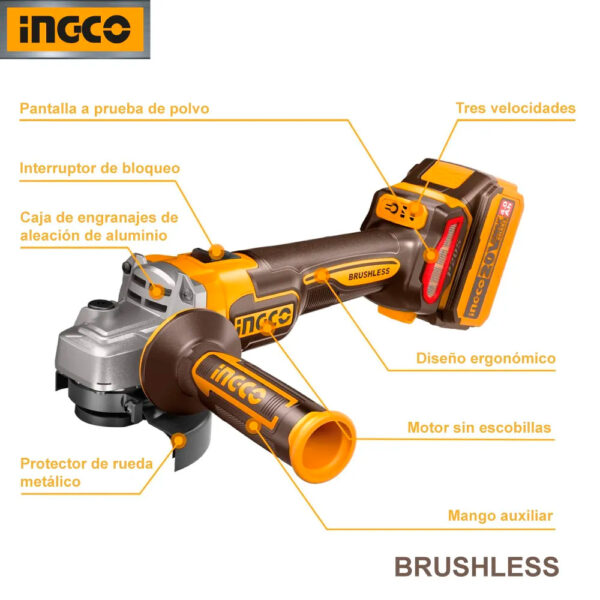 Amoladora Brushless Ingco 20V + 2 Baterías 4.0AH + Discos - Imagen 2